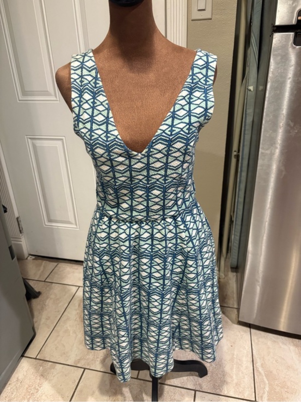 Maeve Blue & White Geometric V-Neck Mini Dress